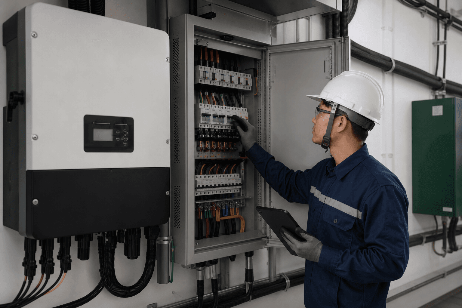 Kỹ thuật viên kiểm tra tủ điện và hệ thống biến tần